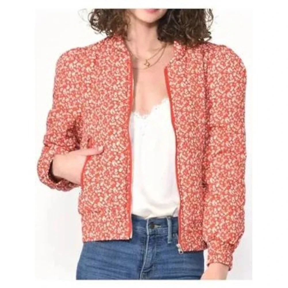 Greylin Red Floral Quilted Bomber Jacket Womens Medium‎ Zip Up G227J1542